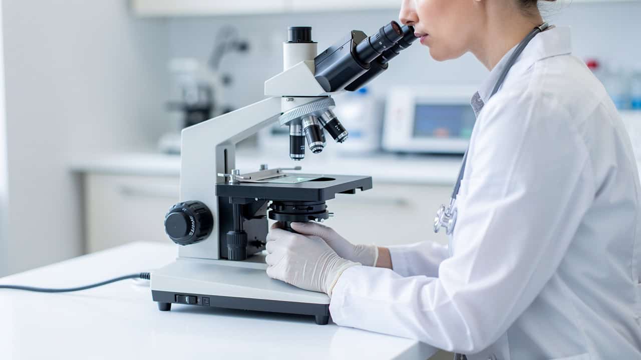 Pathology second opinion review performed by a pathologist looking through a microscope.