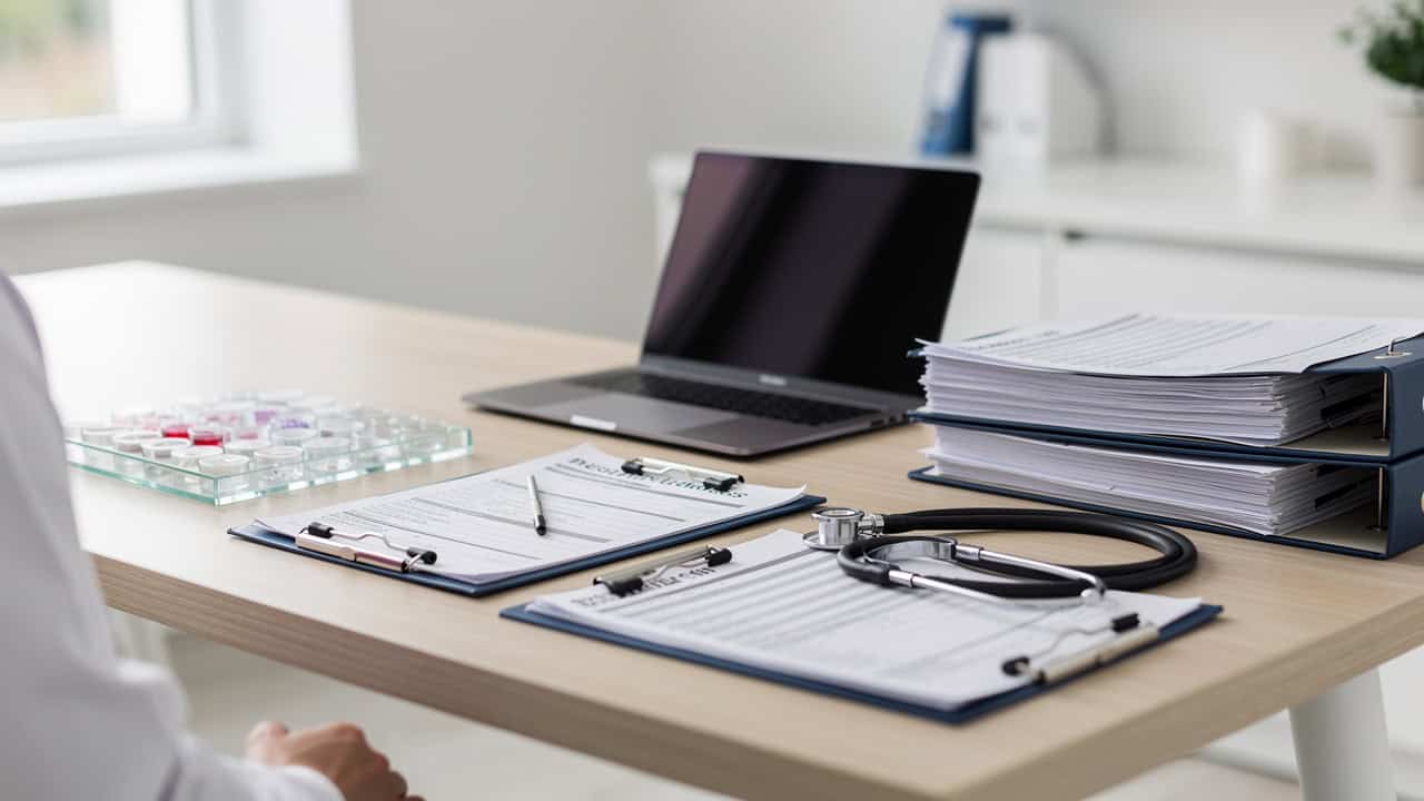 Pathology second opinion materials arranged with medical records for diagnosis review.