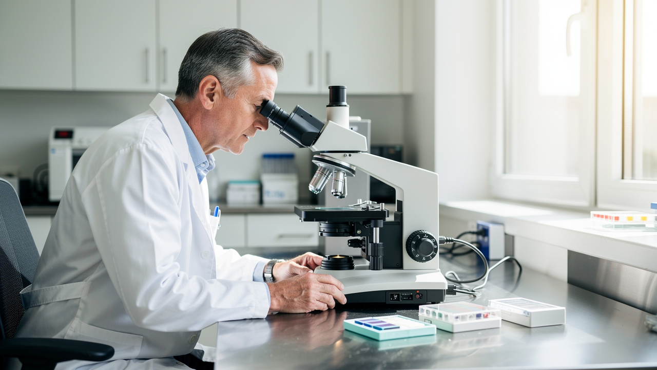 Pathologist at a microscope reviewing slides for a pathology second opinion. Pathologist at a microscope reviewing slides for a pathology second opinion.