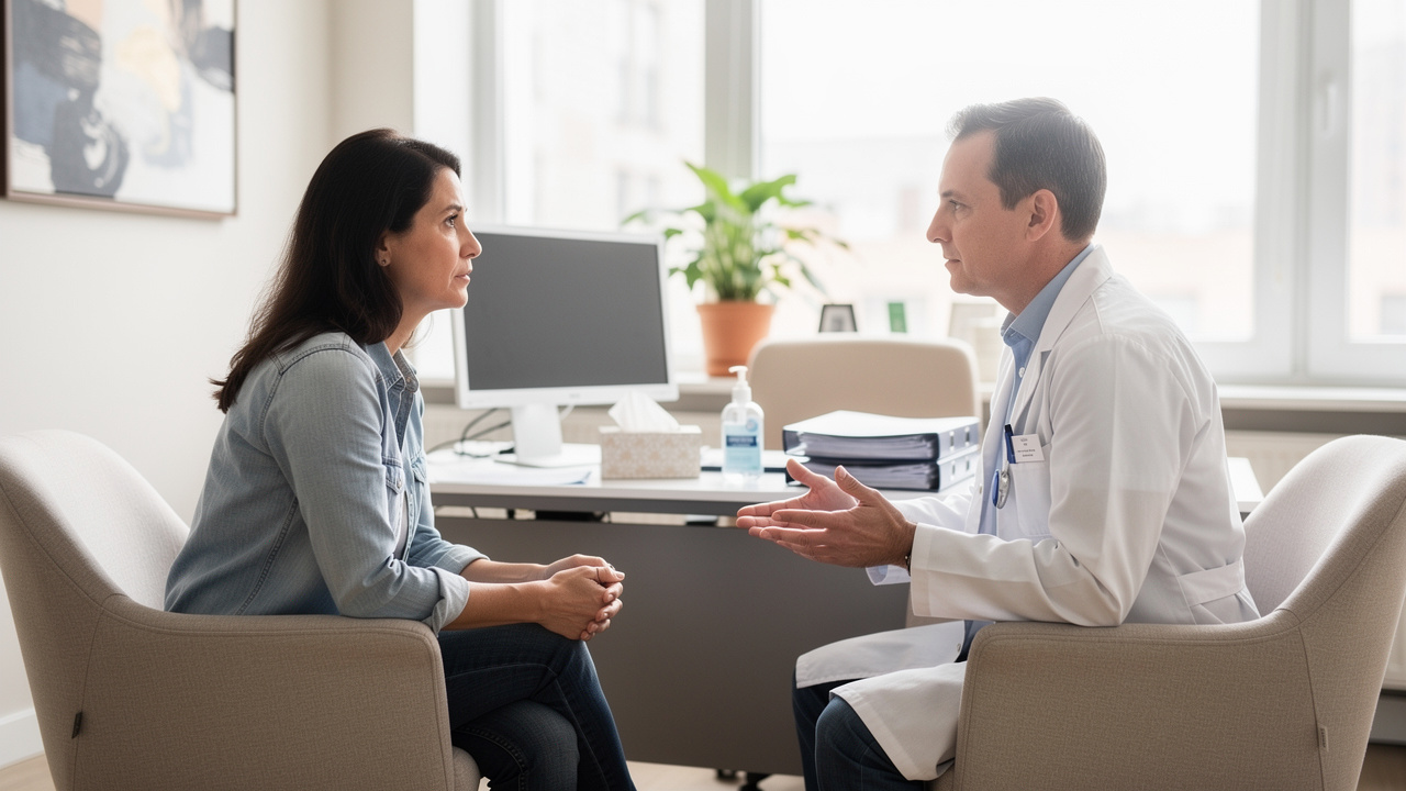 Oncology consultation discussing treatment after a pathology second opinion. Oncology consultation discussing treatment after a pathology second opinion.