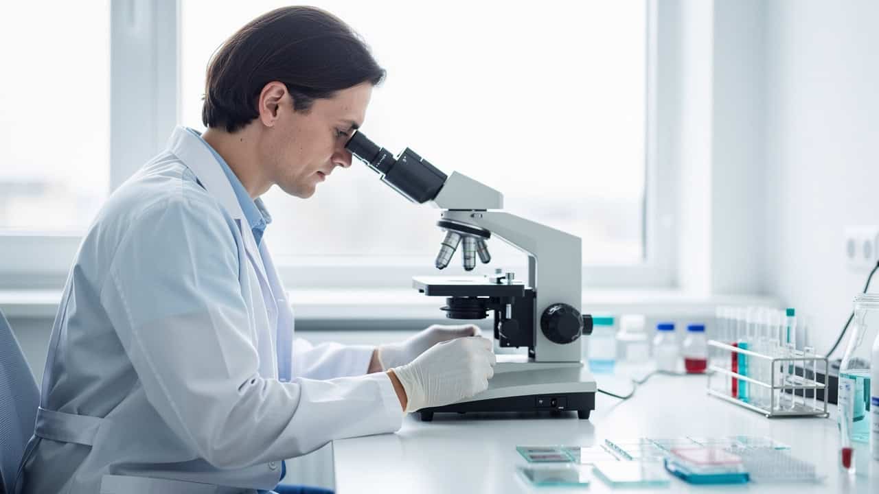 A Pathology second opinion specialist works at a microscope in a quiet laboratory.