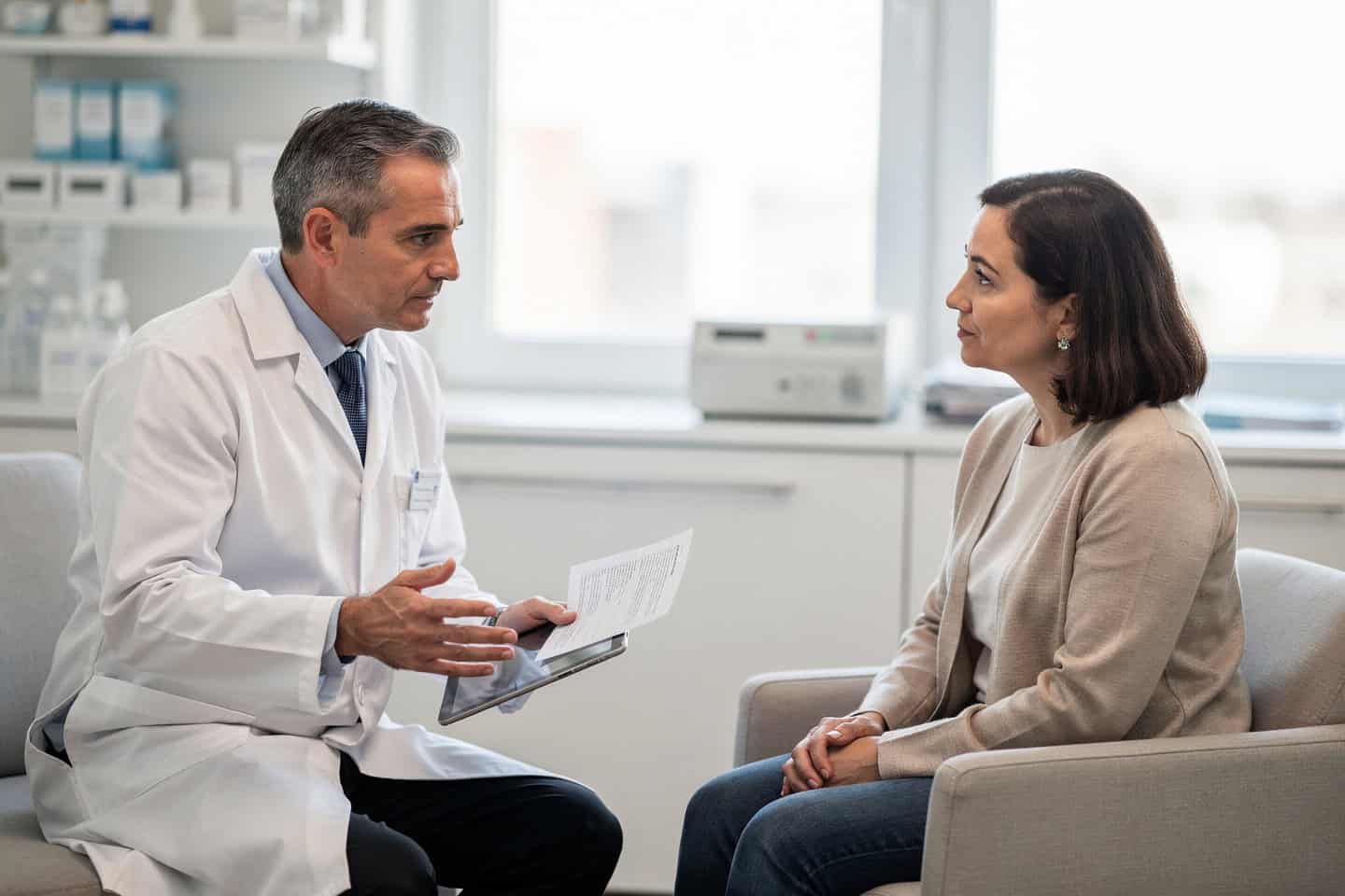 A doctor explains how a Pathology second opinion specialist reviews biopsy results with a patient.