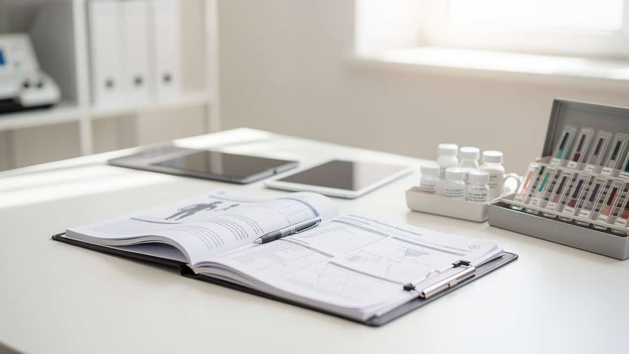 Medical records are organized for a Pathology second opinion specialist before slide review.