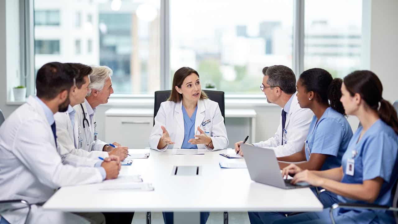 A hospital team discusses findings from a Pathology second opinion specialist during case review.