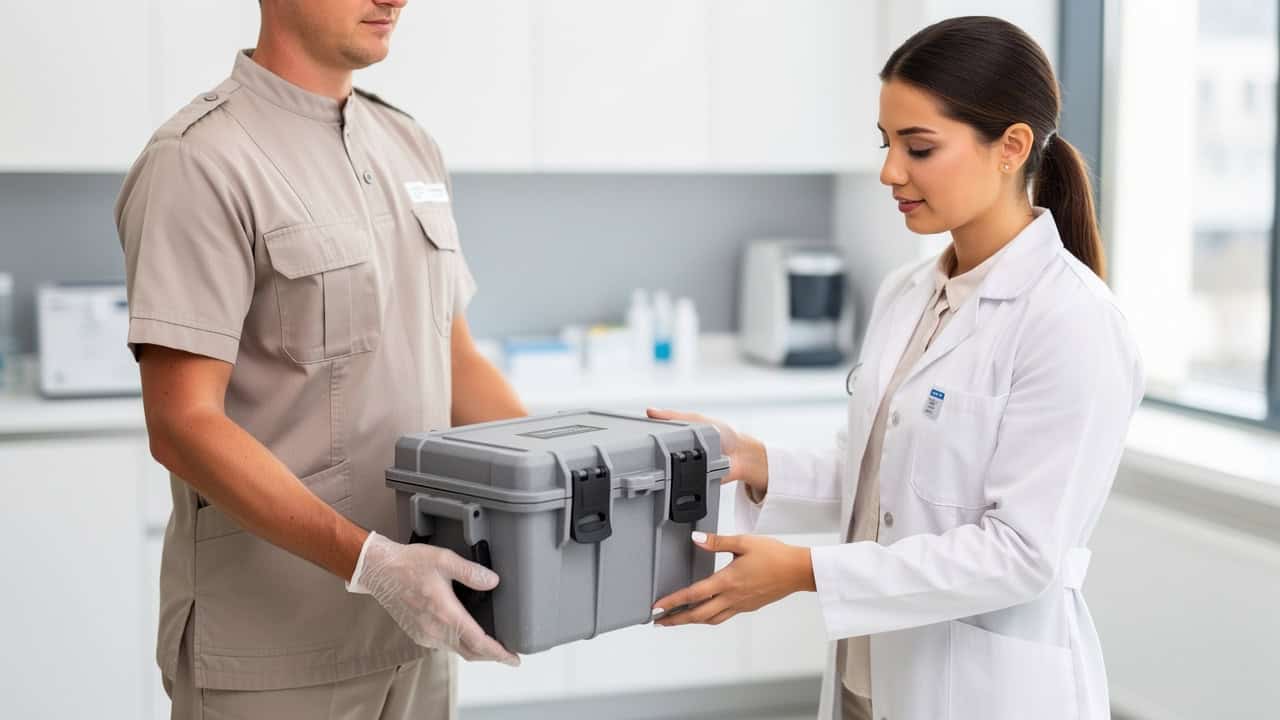 Medical courier handoff showing careful transport for Pathology slides second opinion materials.