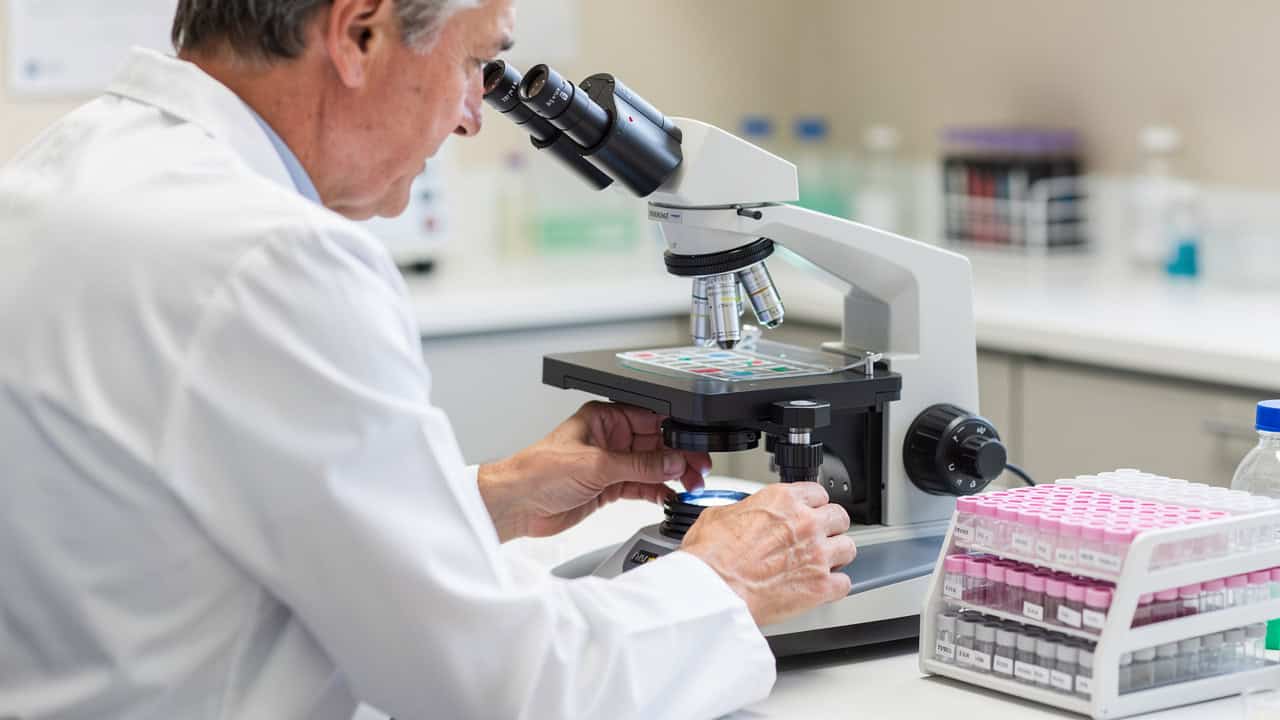 Pathologist at a microscope examining material for Pathology slides second opinion review.