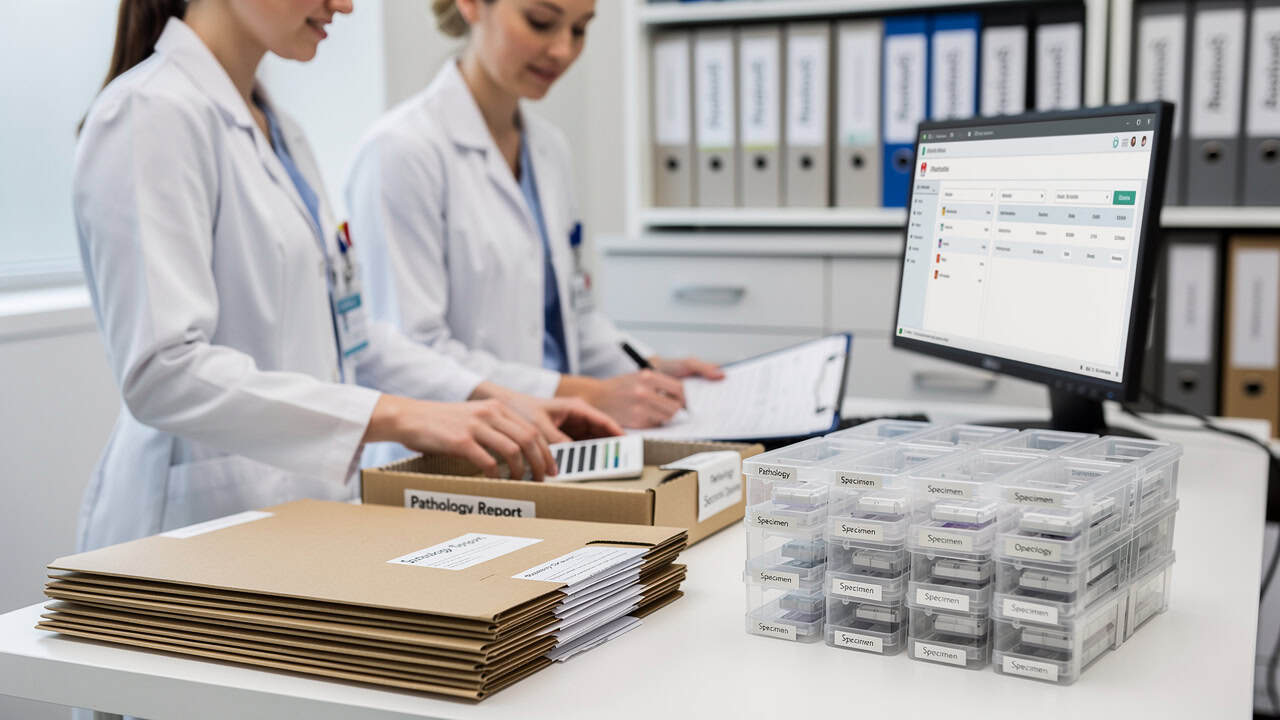 Hospital records office preparing paperwork for Pathology slides second opinion requests.