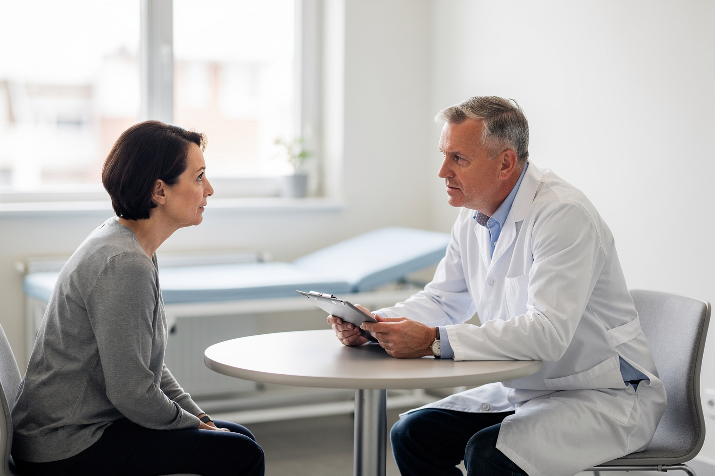 A doctor discusses second opinion before surgery options with a patient in a calm consultation room.