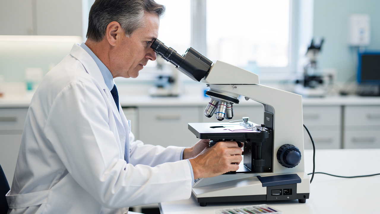 A pathologist reviews slides for second opinion before surgery in a modern laboratory.
