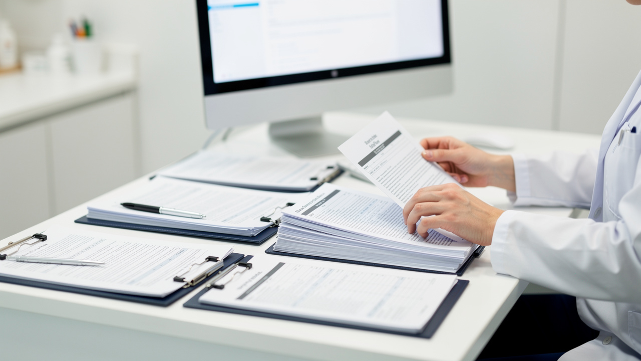 Medical records and pathology documents are organized for a second opinion before surgery.