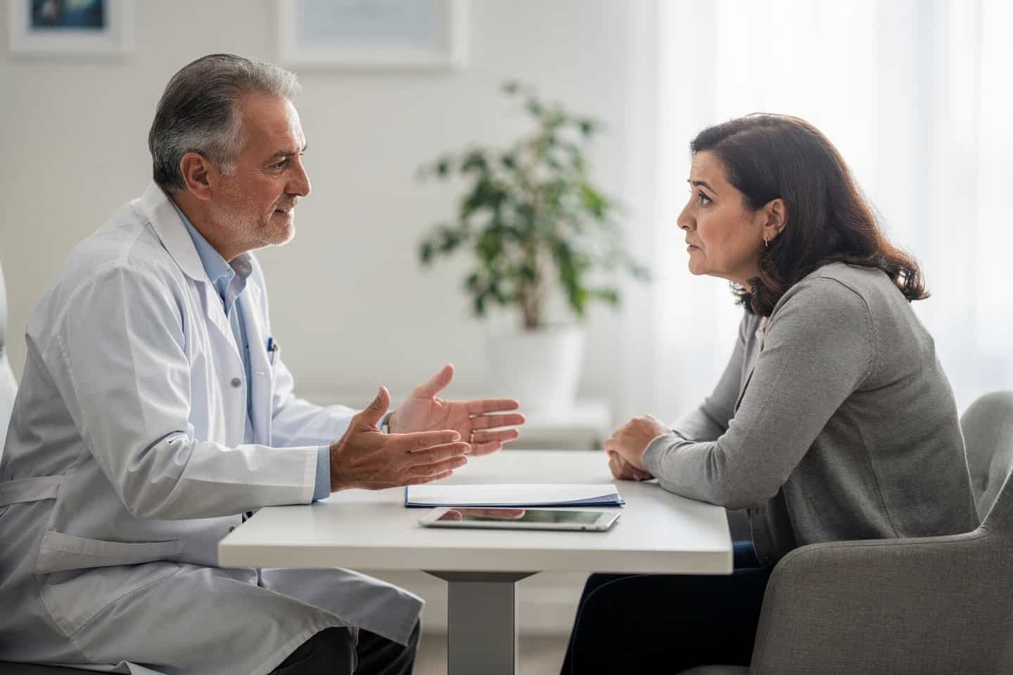 Doctor explaining Second Opinion Before Treatment options to a concerned patient in a calm consultation room.