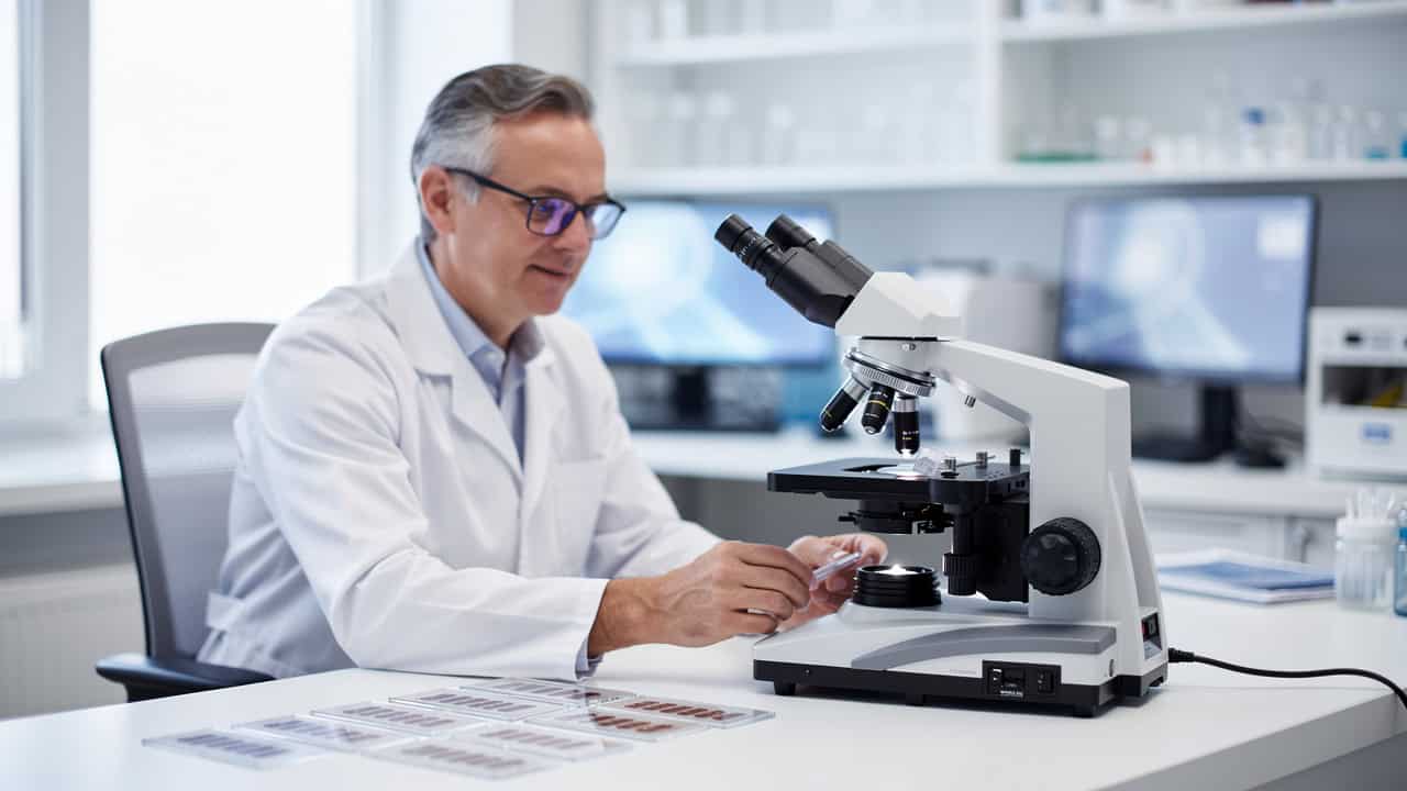 Pathologist reviewing slides for Second Opinion Before Treatment in a modern laboratory.