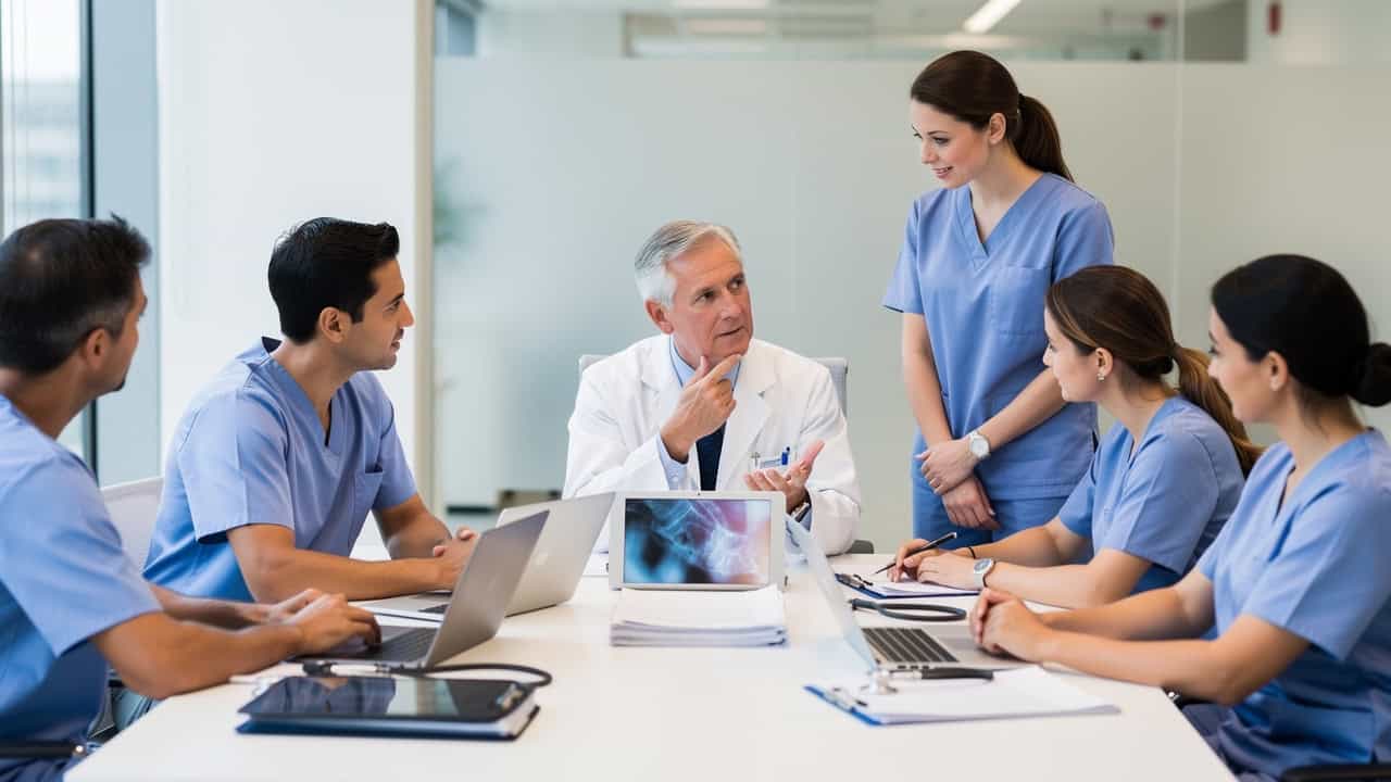 Hospital care team discussing Second Opinion Before Treatment during a collaborative case meeting.