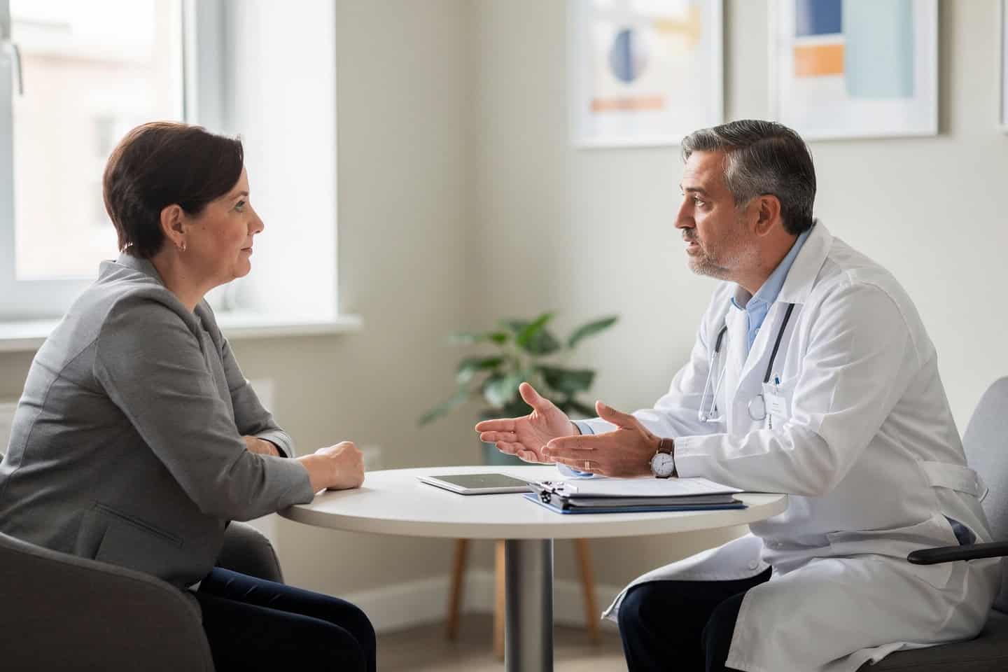 Doctor discussing a Second opinion consultation with a patient in a calm office setting.