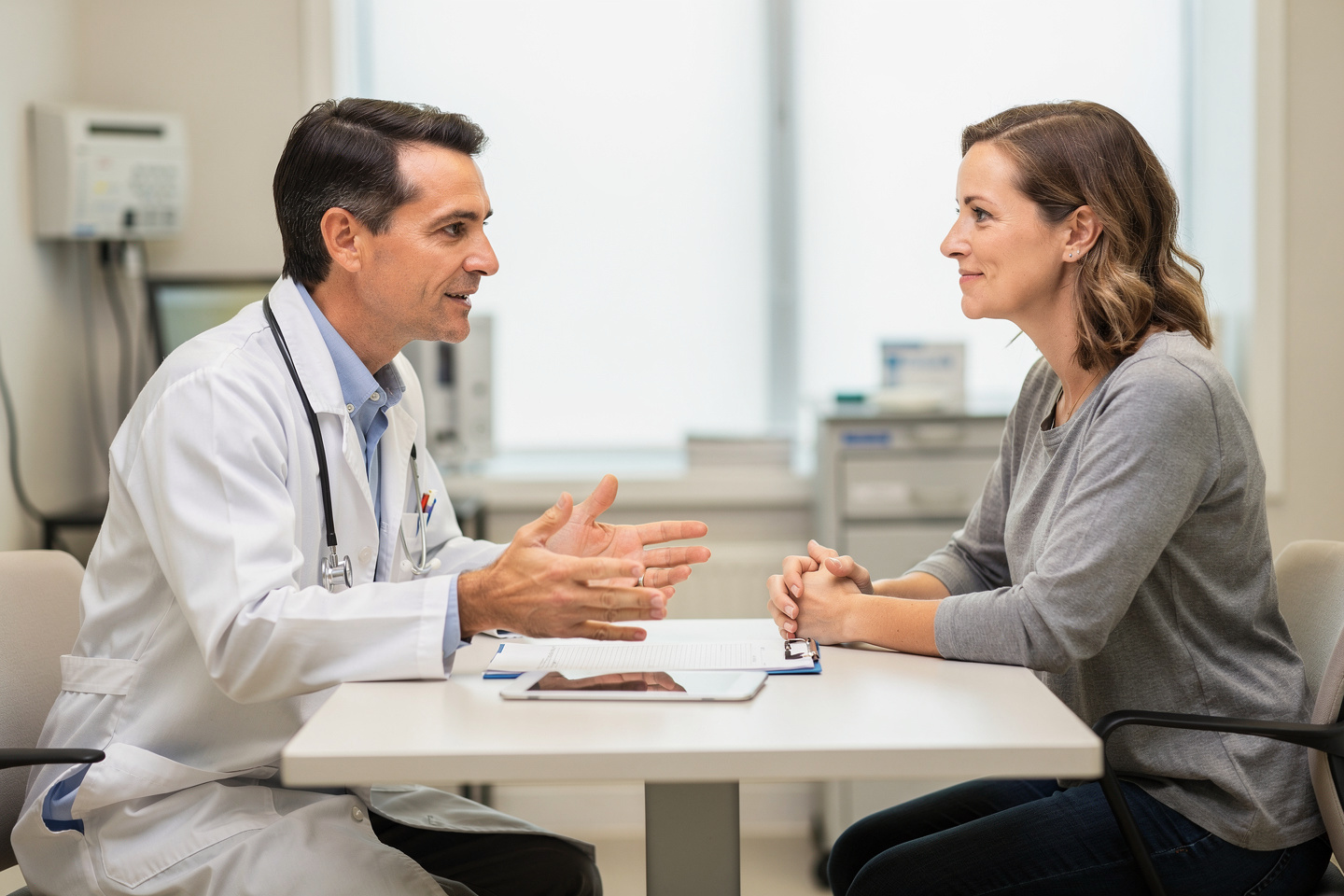 A doctor explains a second opinion diagnosis review to a patient during a calm consultation.