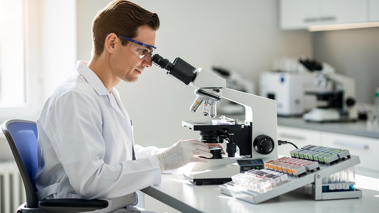 A pathologist reviews microscope slides for a second opinion diagnosis in a laboratory.