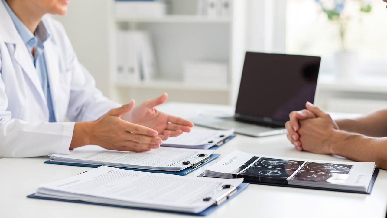 Medical records are organized for a second opinion diagnosis review before treatment planning.