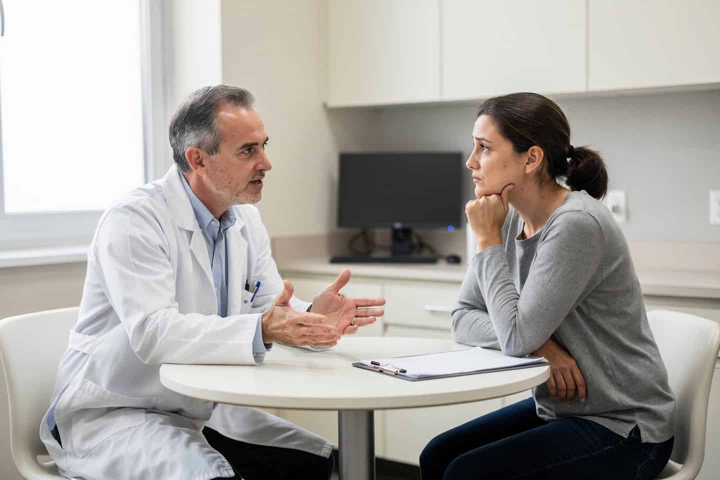 Doctor explaining a Second opinion disagreement to a patient during a calm consultation.
