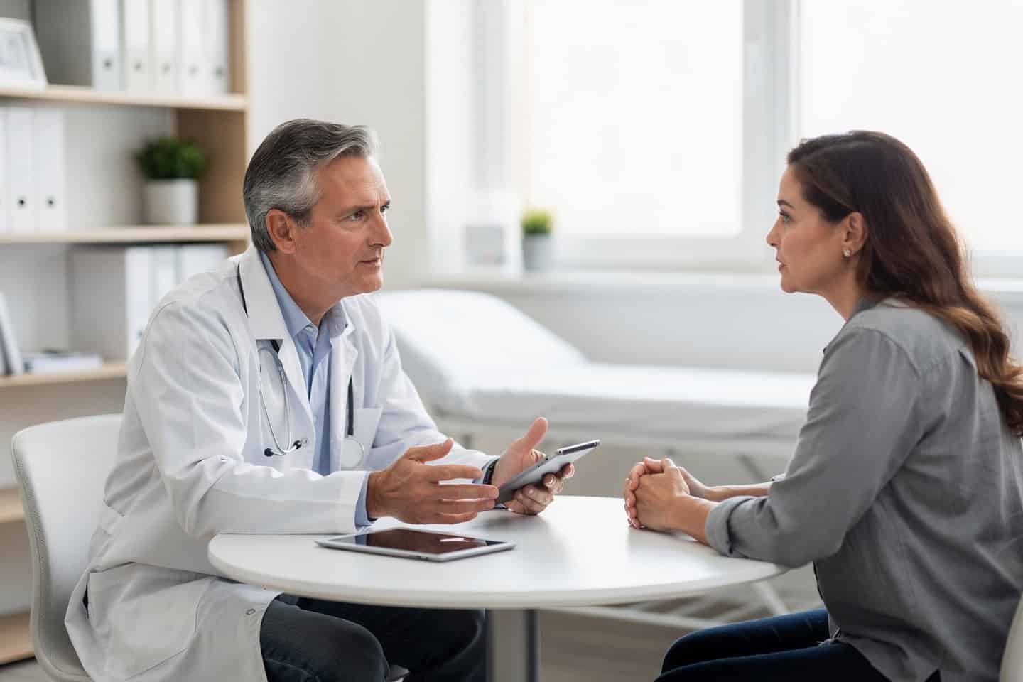 A doctor calmly discusses a Second opinion request with a patient in a consultation room.