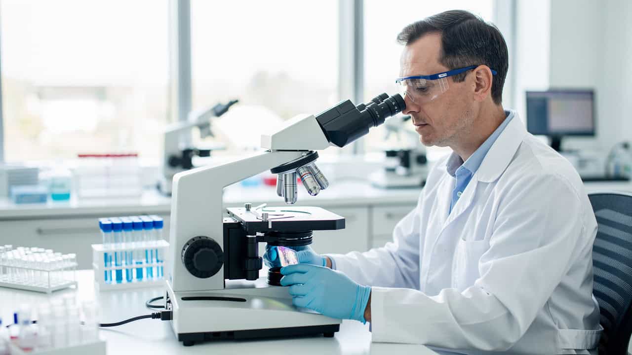 A pathologist reviews slides in the laboratory as part of a Second opinion request.