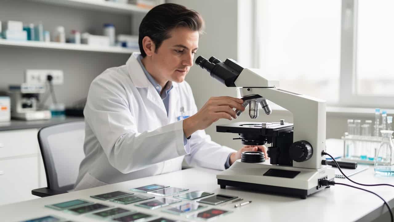 A pathologist reviews slides under a microscope for Second opinion treatment changes.