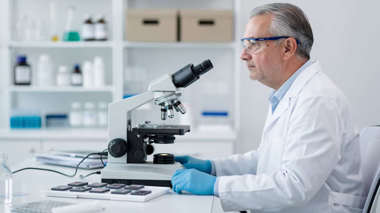 Pathologist reviewing microscope slides for a Second pathology opinion in a modern laboratory.