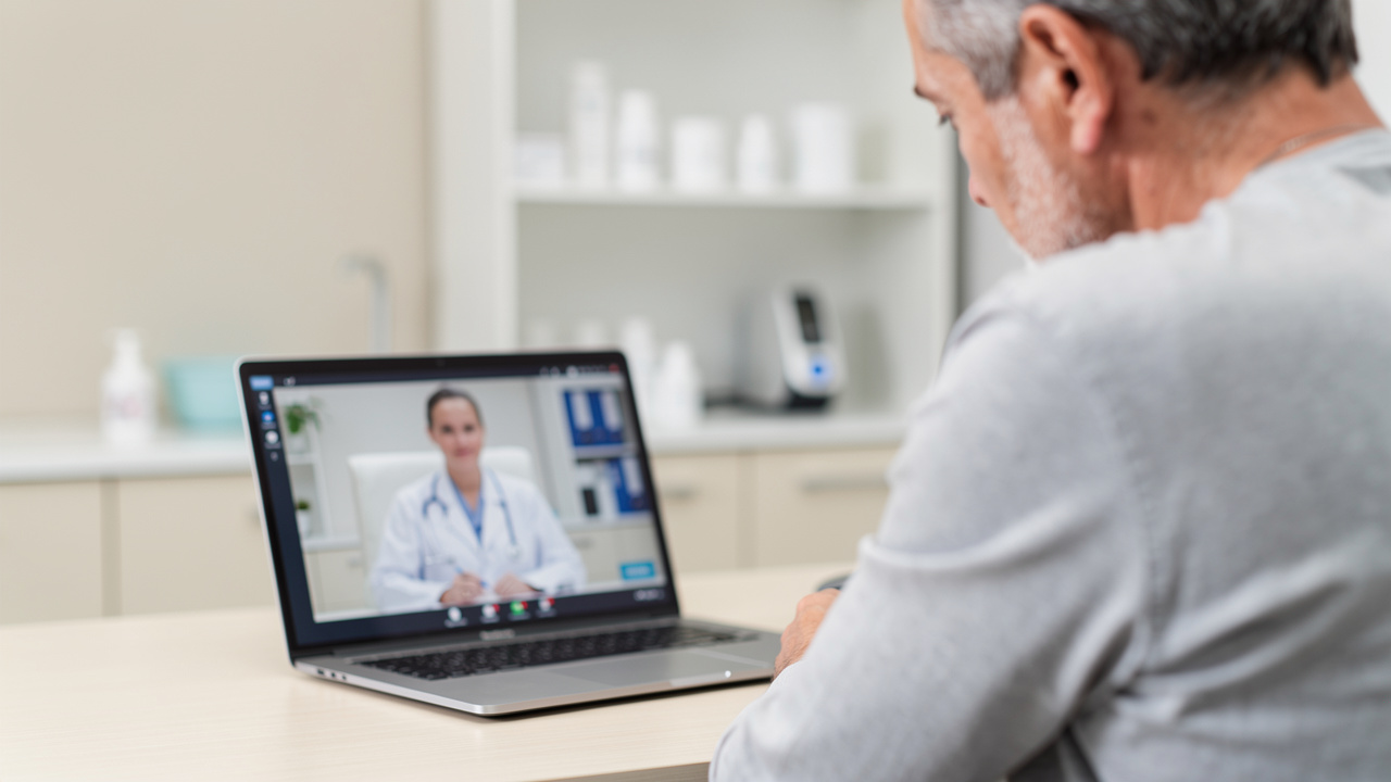 Patient discussing a Second pathology opinion through a secure telemedicine video consultation.
