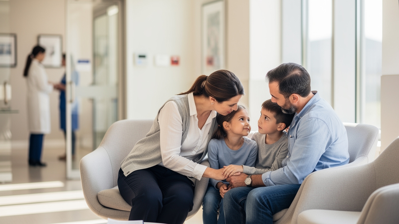 Family waiting together while seeking a Second pathology opinion for clearer next steps.