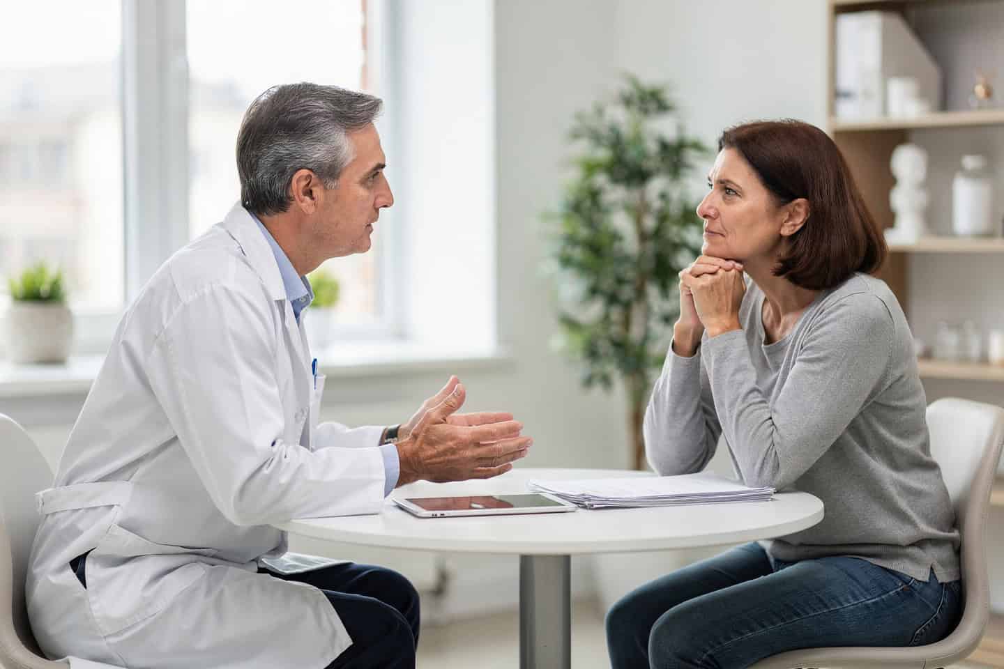 Doctor explaining a Second pathology opinion to a patient during a calm office consultation.