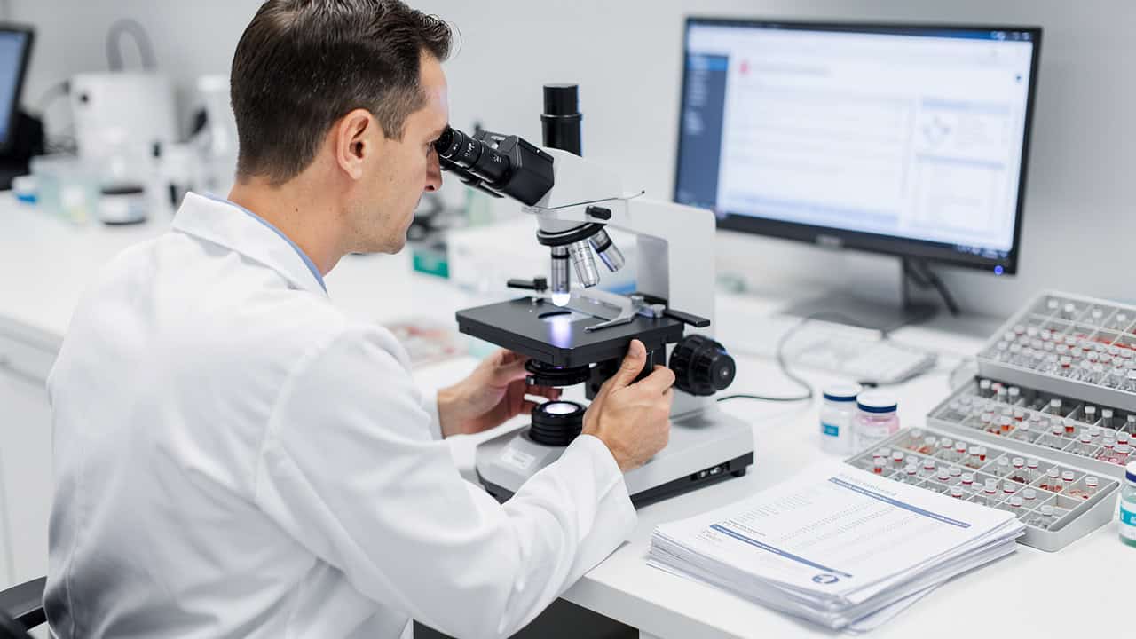 A pathologist works at a microscope during Subspecialty pathology diagnosis review.