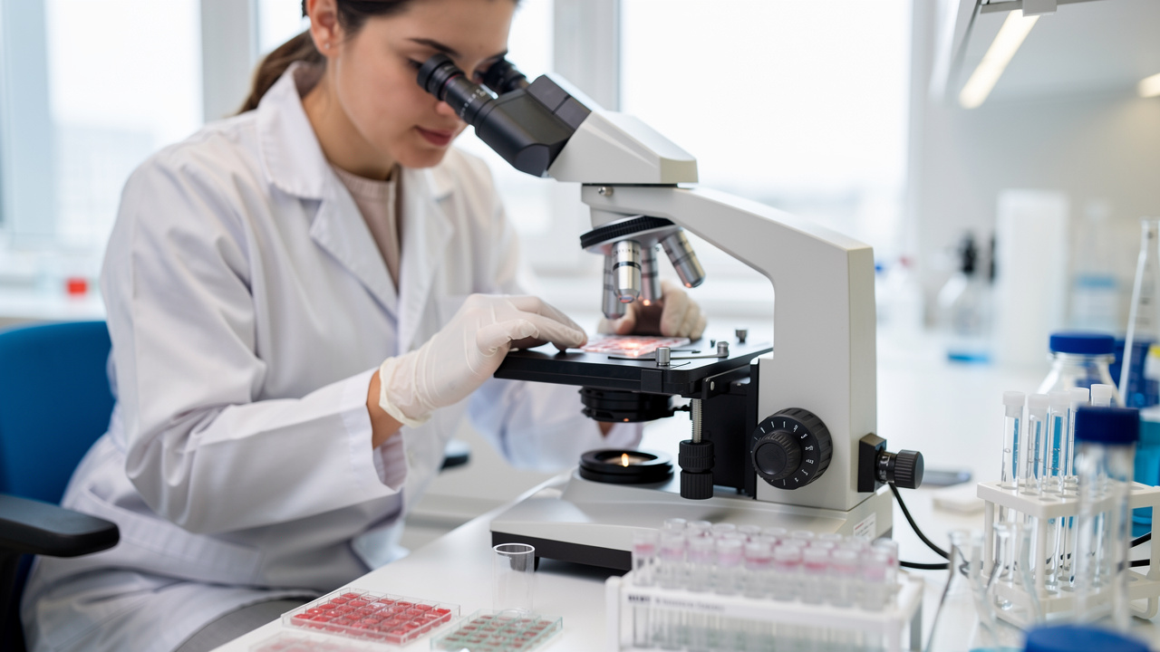 Understanding pathology report findings begins with a pathologist examining slides in a laboratory.