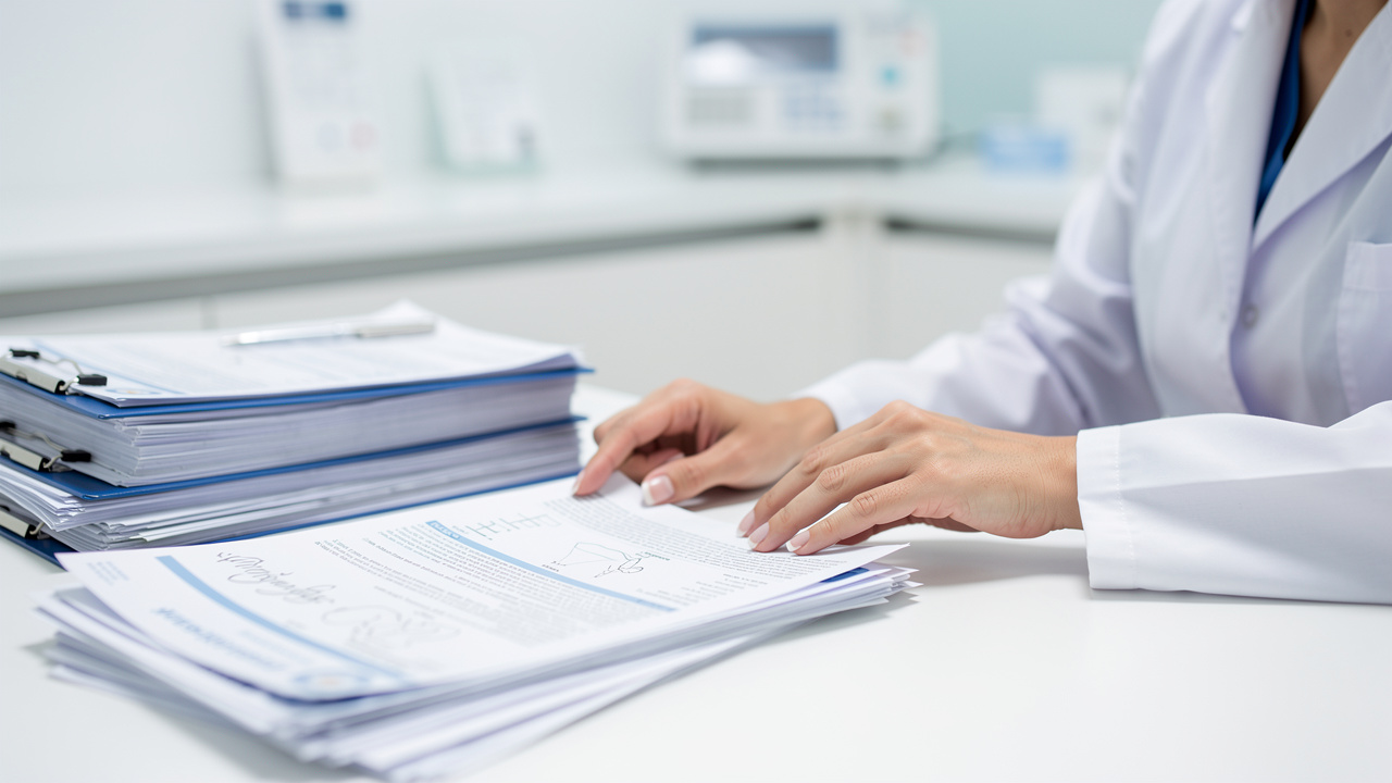 Understanding pathology report details while medical records are reviewed on a desk.