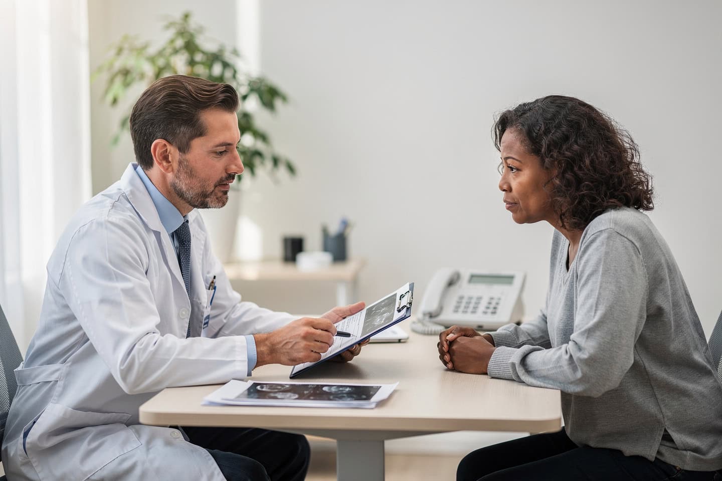 Urgent pathology consultation discussion between a doctor and patient reviewing medical records.