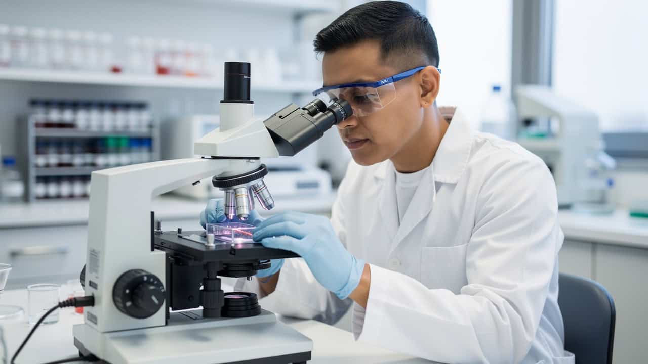 Urgent pathology consultation with a pathologist reviewing tissue slides at a microscope.