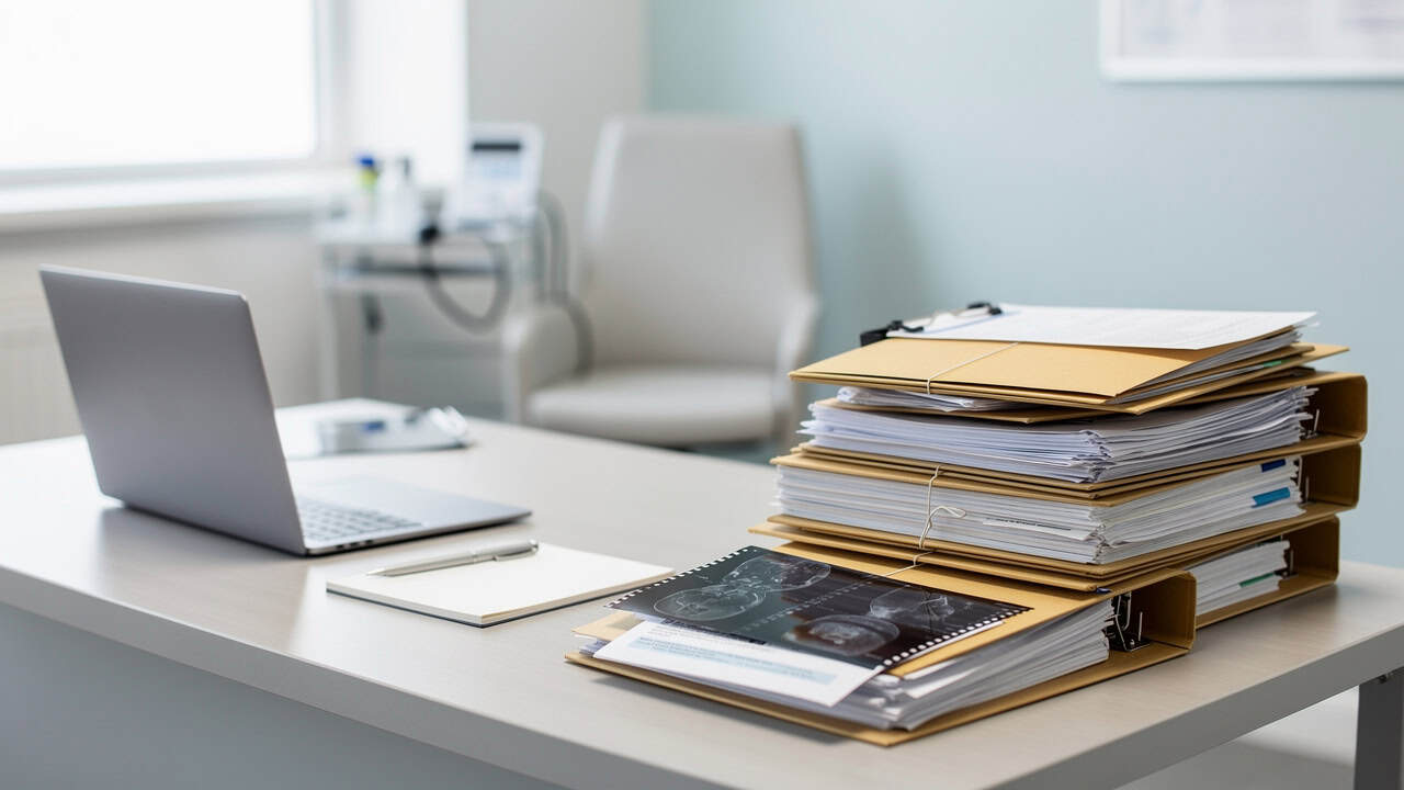 Urgent pathology consultation materials organized for fast medical records review.