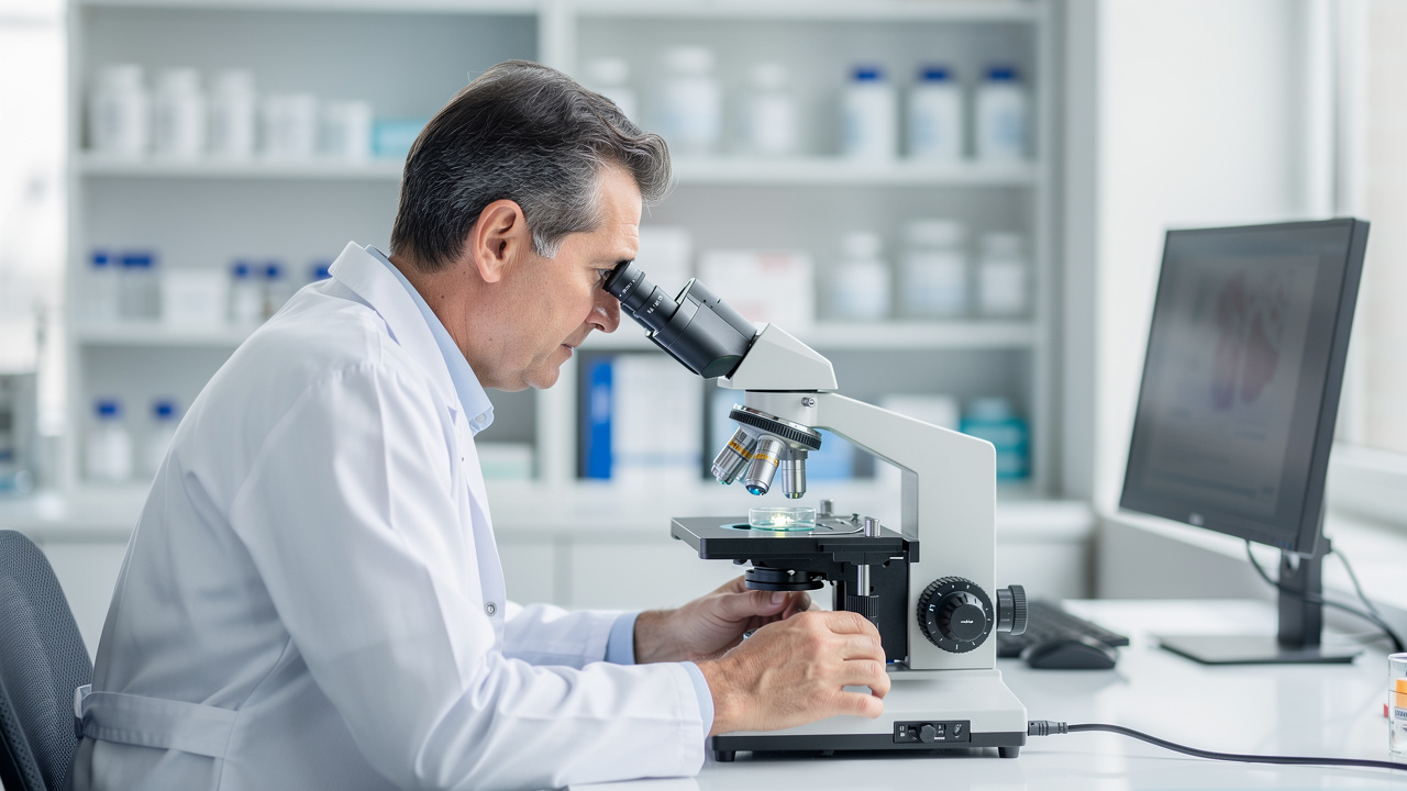 Pathologist using a microscope during review related to a Wrong autopsy report concern.