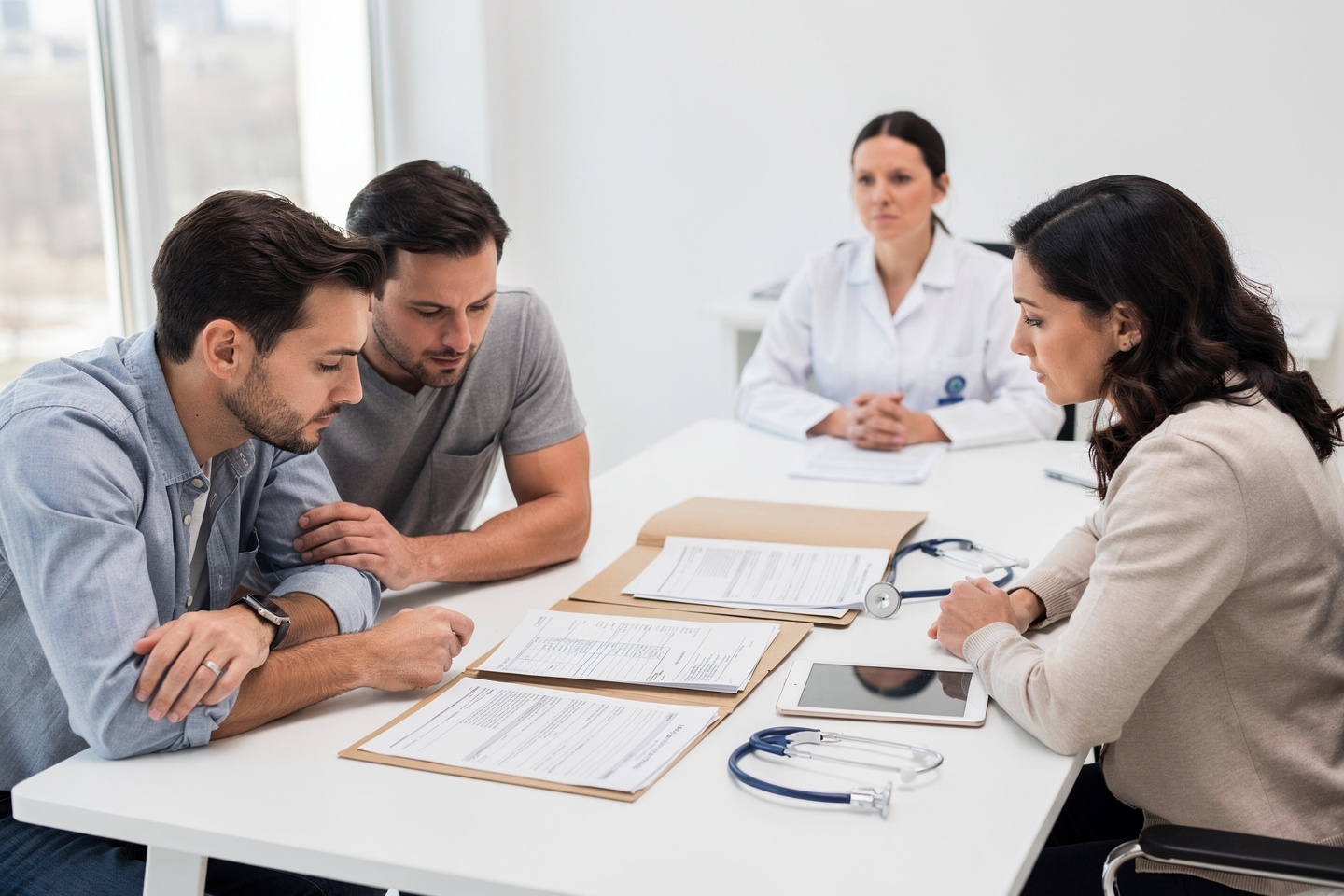 Family members reviewing medical records while worried about a Wrong autopsy report.