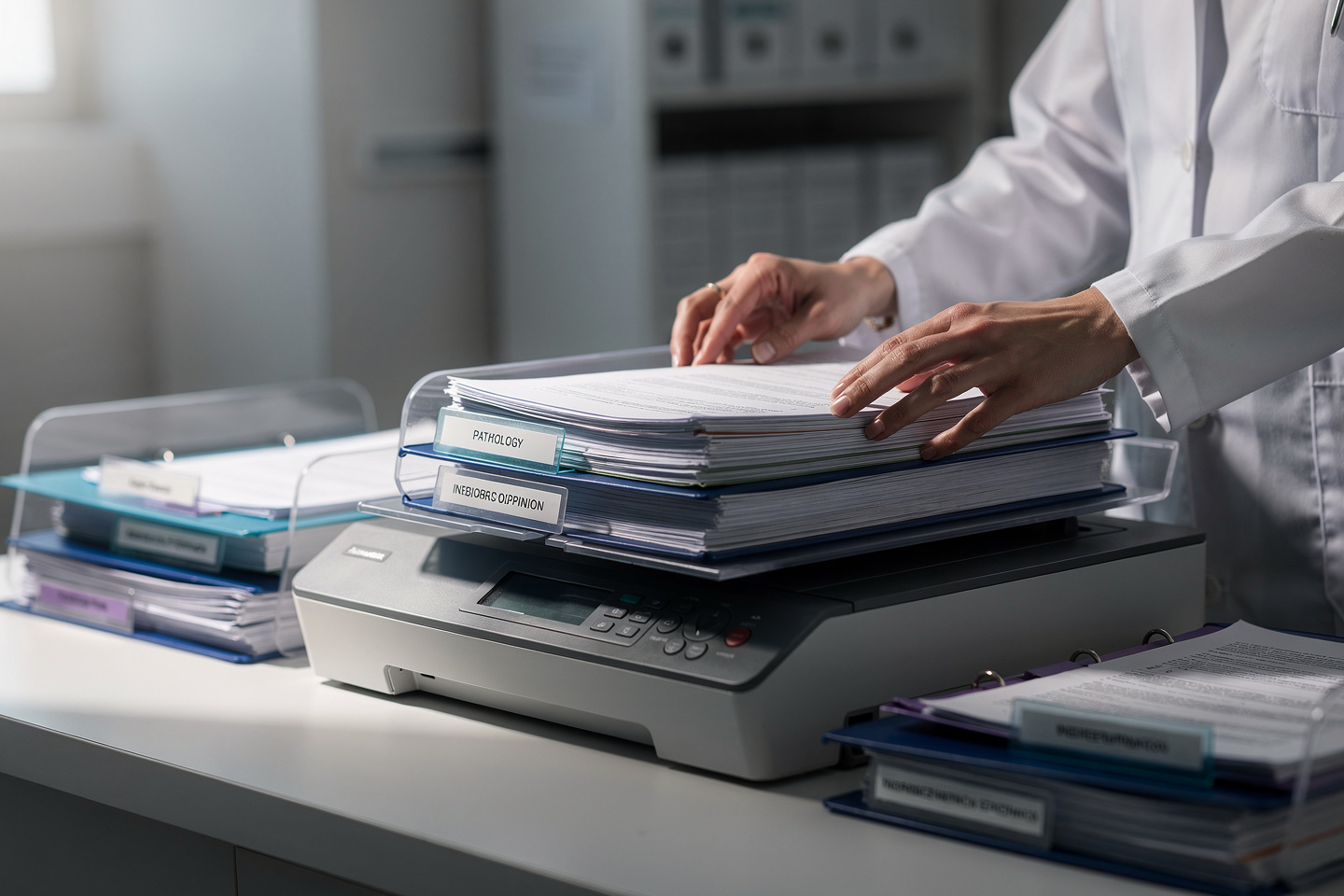 Medical records being scanned for pathology second opinions covered by Medicare, Blue Cross Blue Shield, UnitedHealthcare, or Aetna.