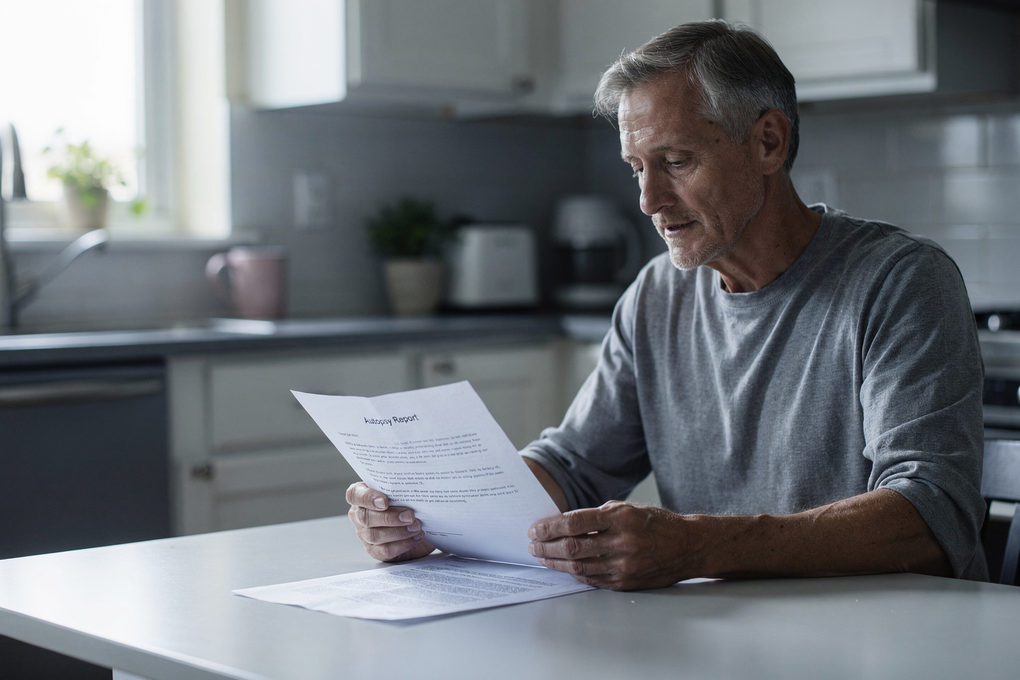 Person reading an autopsy cause of death letter at a kitchen table in a quiet everyday home setting