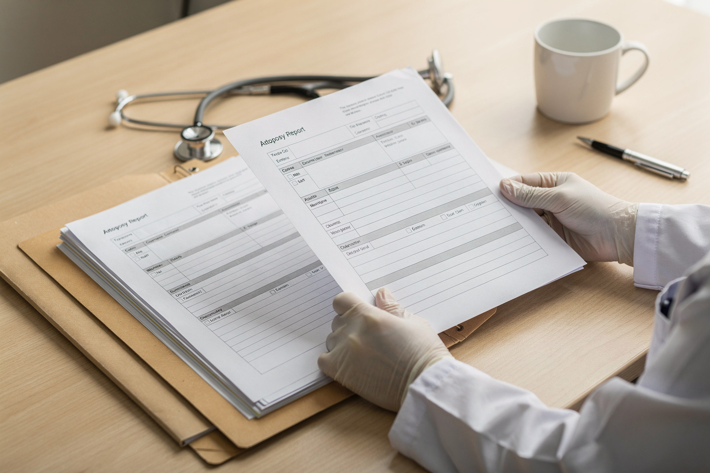 Autopsy report review paperwork and medical records arranged on a desk with no face visible.