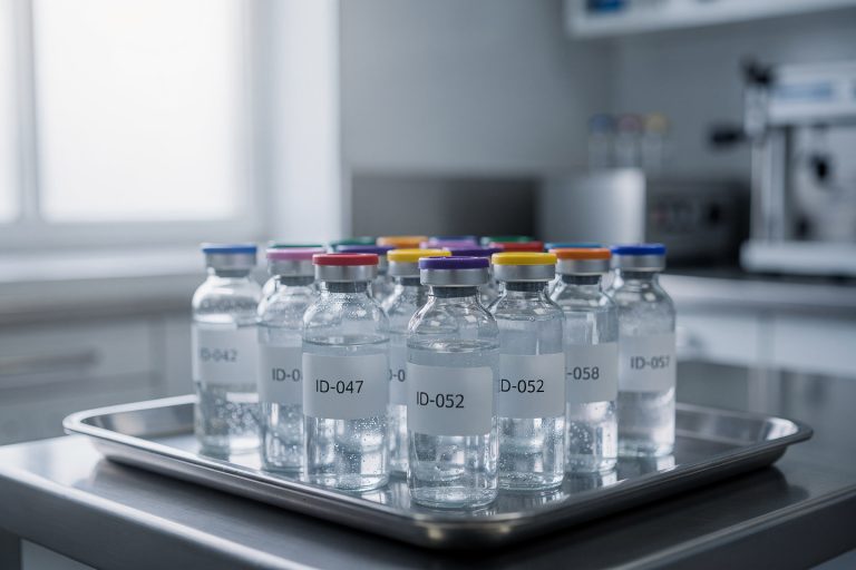 Close-up of sealed specimen vials representing toxicology findings in an autopsy report
