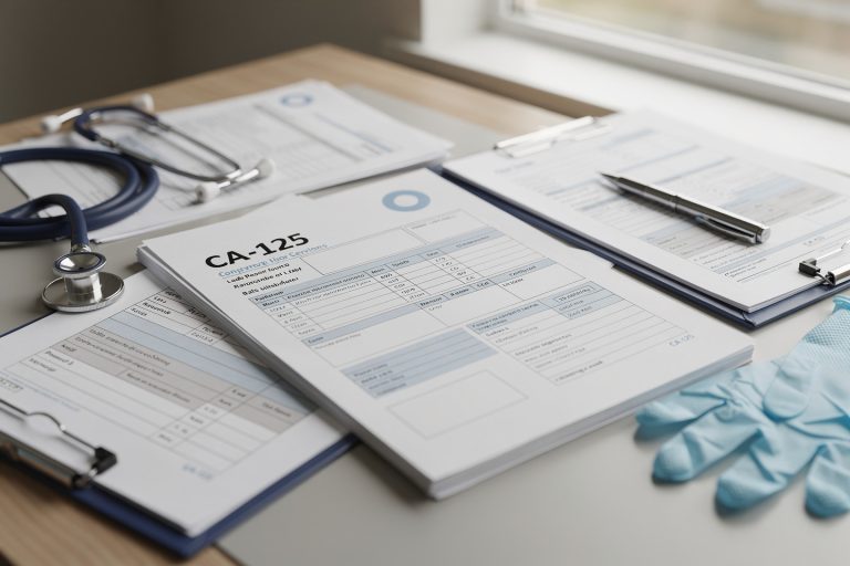 Printed CA-125 elevated meaning lab report pages on a desk with medical records, no face visible