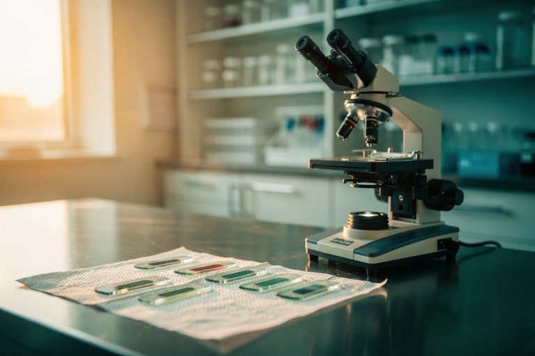 Empty pathology lab bench with microscope and slides, underscoring what patients should know before accepting a cancer diagnosis