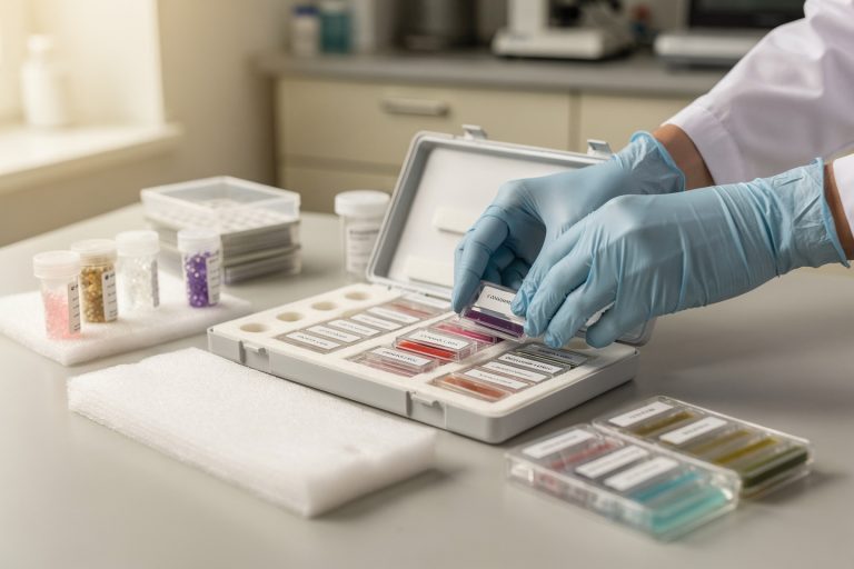 A pathology slide kit being packed for review, illustrating cancer second opinion types that often benefit from expert reassessment.
