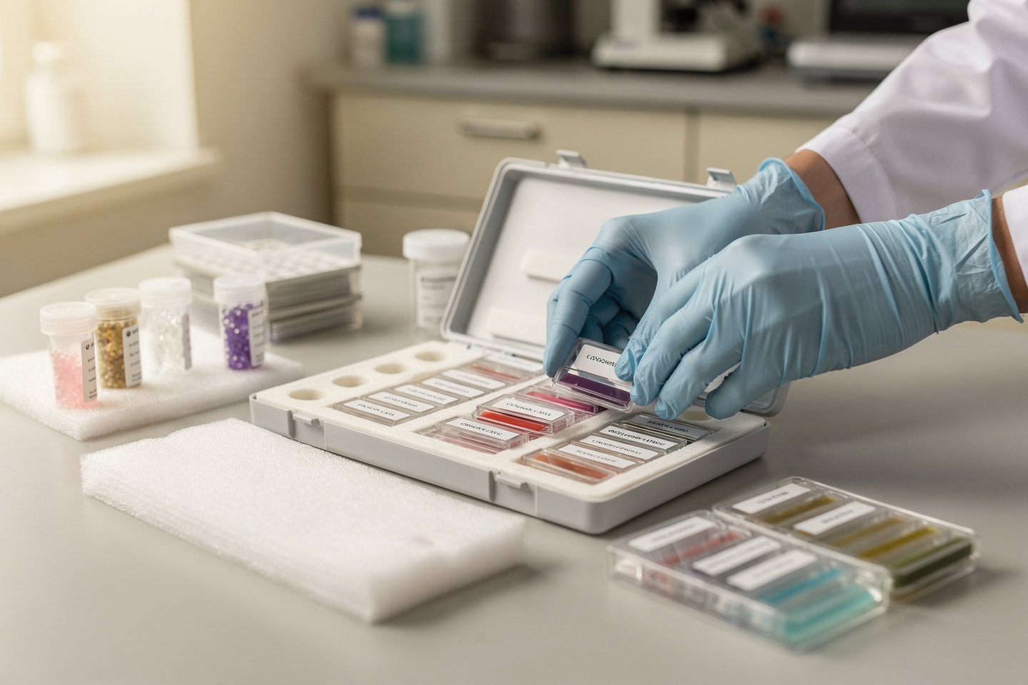 A pathology slide kit being packed for review, illustrating cancer second opinion types that often benefit from expert reassessment.
