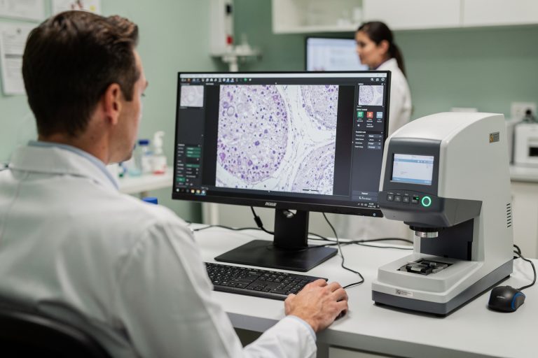 Digital pathology consultation using telepathology as a glass slide is scanned for remote review.