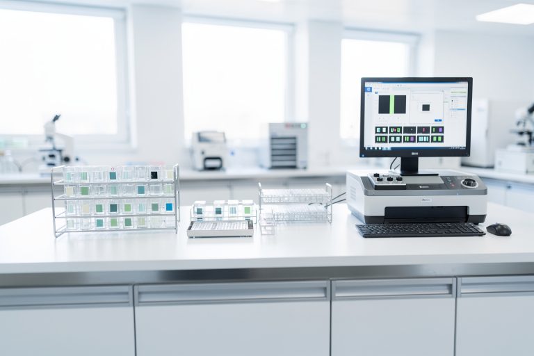 Empty laboratory bench with slide scanner workstation for digital pathology slides and glass slide review