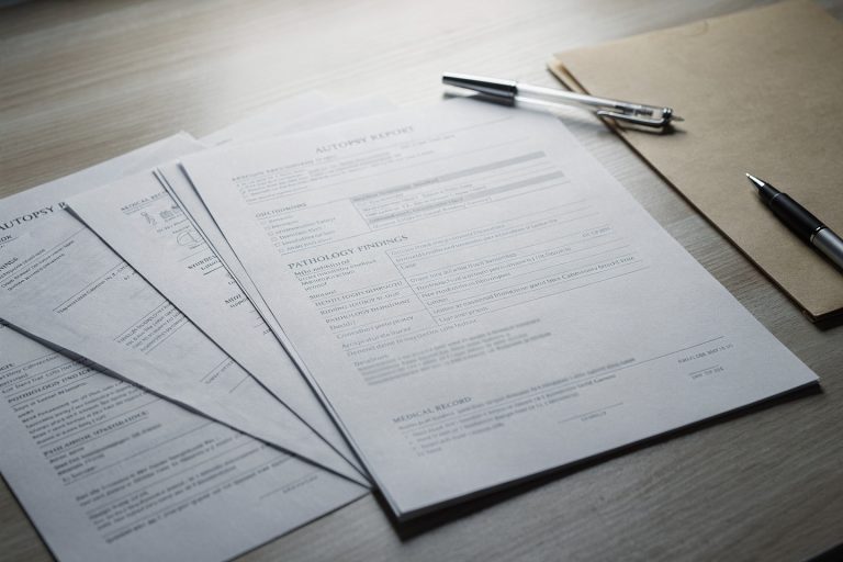 Autopsy findings family review shown through pathology report pages and medical records on a desk