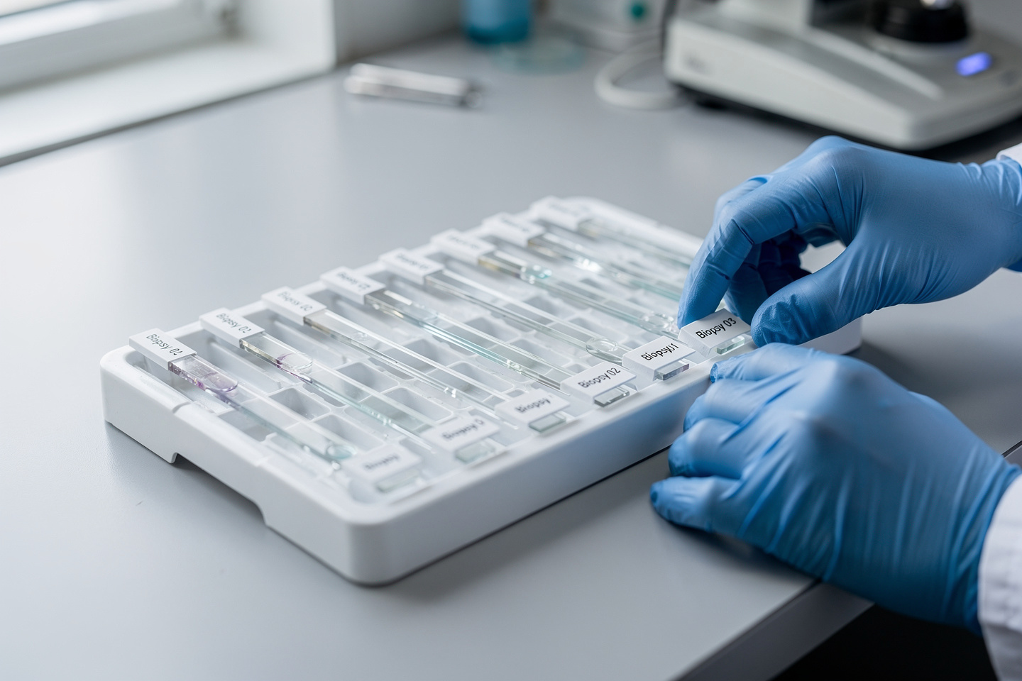 Close-up of a labeled biopsy slide tray for a pathology second opinion by a subspecialty pathologist.