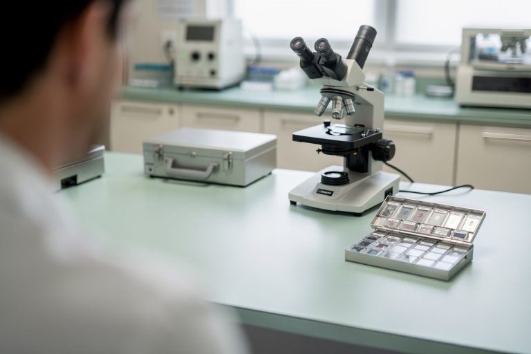 Empty pathology lab bench where pathology slides are reviewed during a formal second opinion
